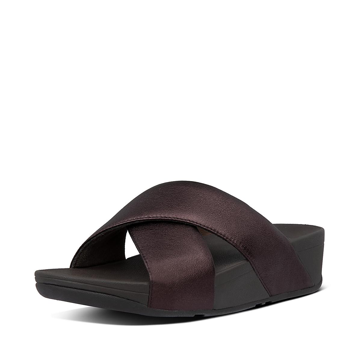 Women's Fitflop LULU Metallic Leather Cross Slides Sandals Chocolate | Ireland-89571