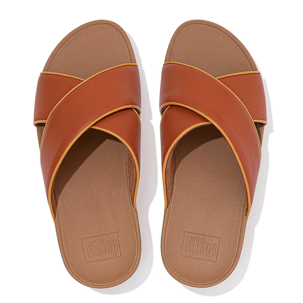 Women's Fitflop LULU Pop Binding Leather Cross Slides Sandals Brown | Ireland-14263