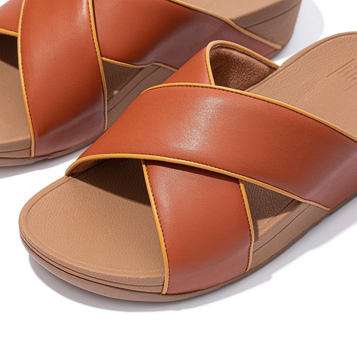 Women's Fitflop LULU Pop Binding Leather Cross Slides Sandals Brown | Ireland-14263