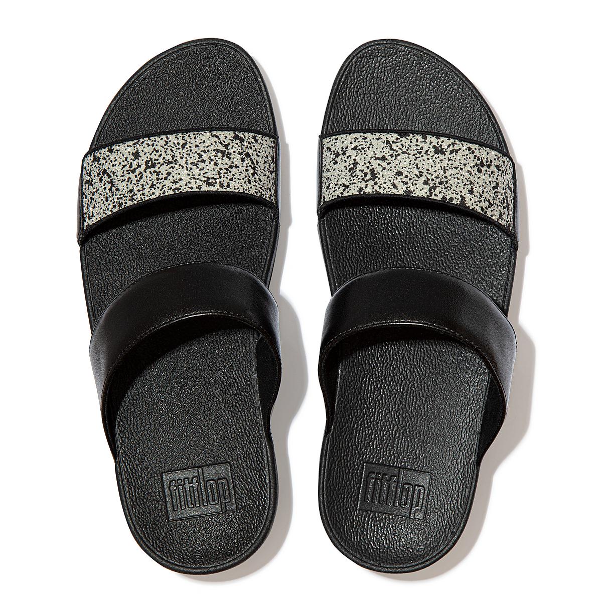 Women's Fitflop LULU Shimmer Splash Slides Sandals Black | Ireland-83975