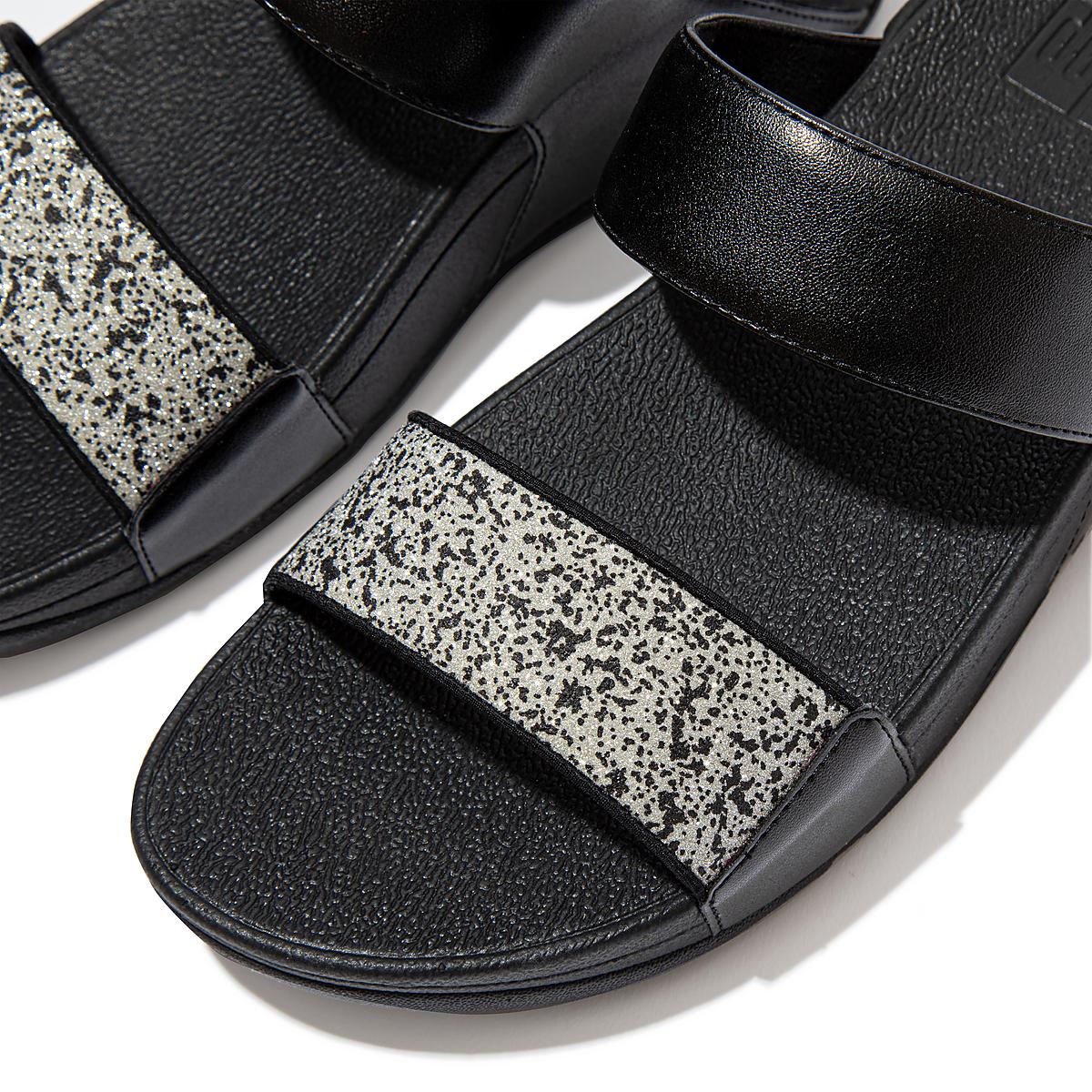 Women's Fitflop LULU Shimmer Splash Slides Sandals Black | Ireland-83975