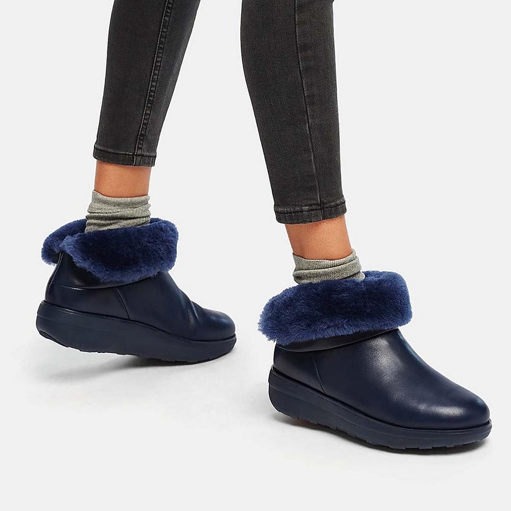 Women's Fitflop MUKLUK SHORTY Waterproof Shearling-Lined Ankle Boots Navy | Ireland-20483