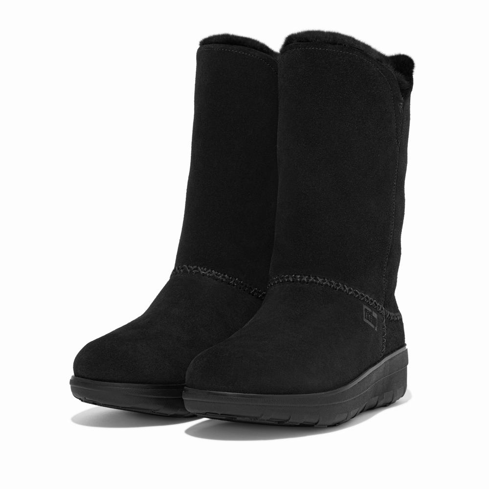 Women's Fitflop MUKLUK Shearling-Lined Suede Calf Winter Boots Black | Ireland-79380