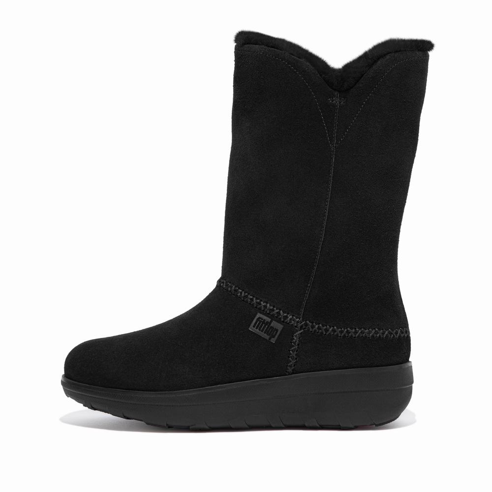 Women\'s Fitflop MUKLUK Shearling-Lined Suede Calf Winter Boots Black | Ireland-79380