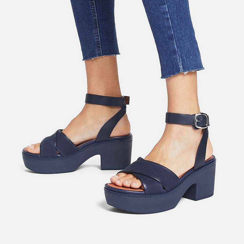 Women's Fitflop PILAR Canvas Ankle-Strap Platform Sandals Navy | Ireland-97054