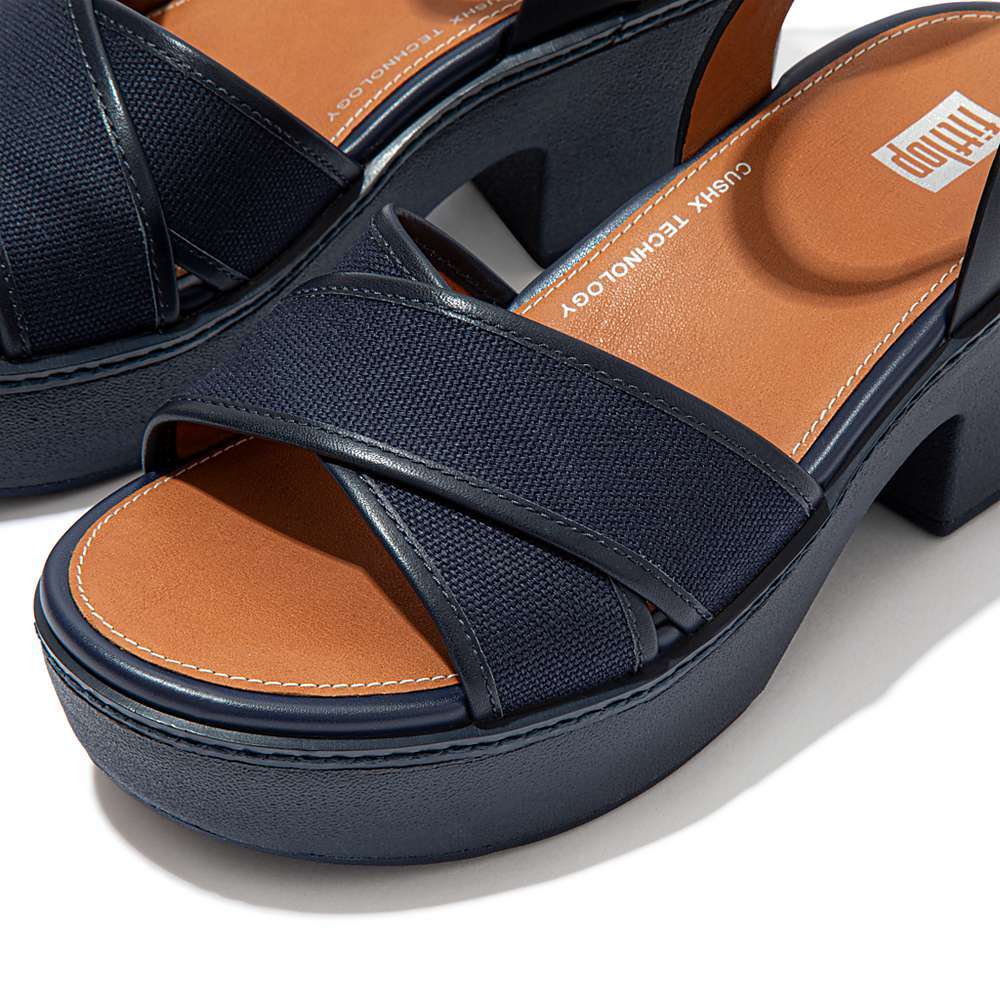 Women's Fitflop PILAR Canvas Ankle-Strap Platform Sandals Navy | Ireland-97054