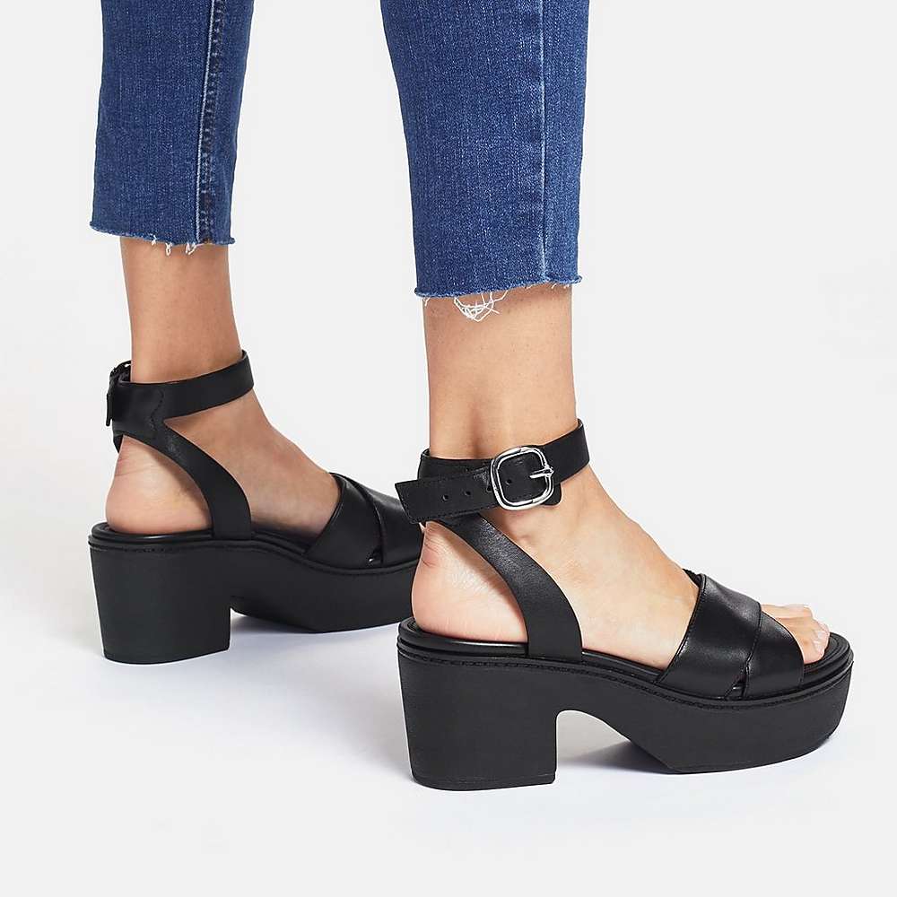 Women's Fitflop PILAR Leather Ankle-Strap Platform Sandals Black | Ireland-30658