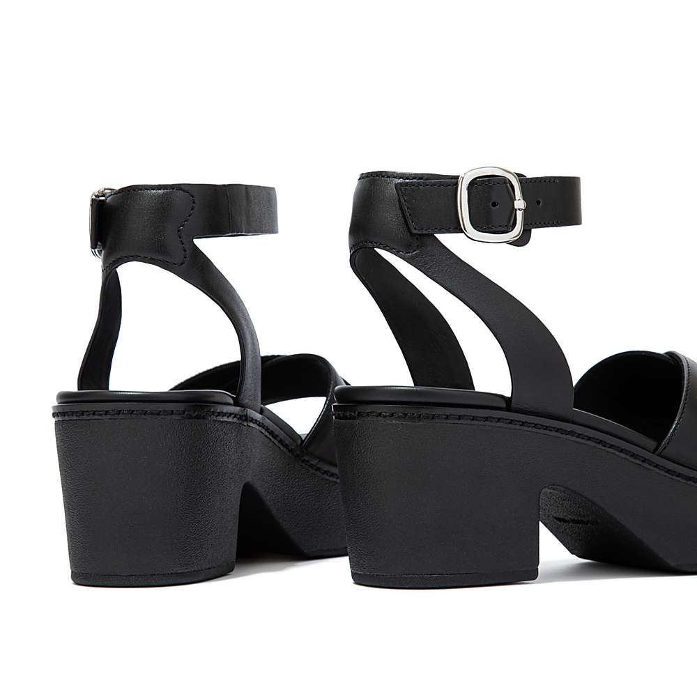 Women's Fitflop PILAR Leather Ankle-Strap Platform Sandals Black | Ireland-30658