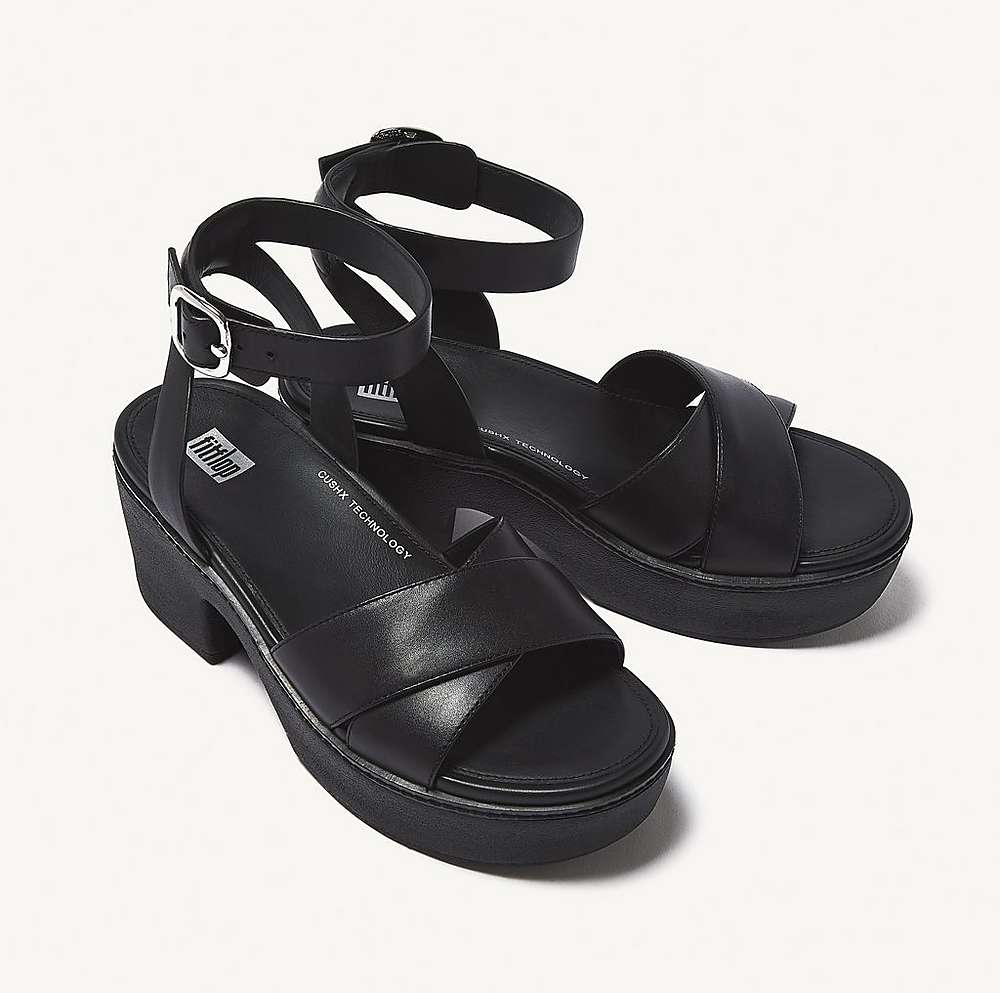 Women's Fitflop PILAR Leather Ankle-Strap Platform Sandals Black | Ireland-30658