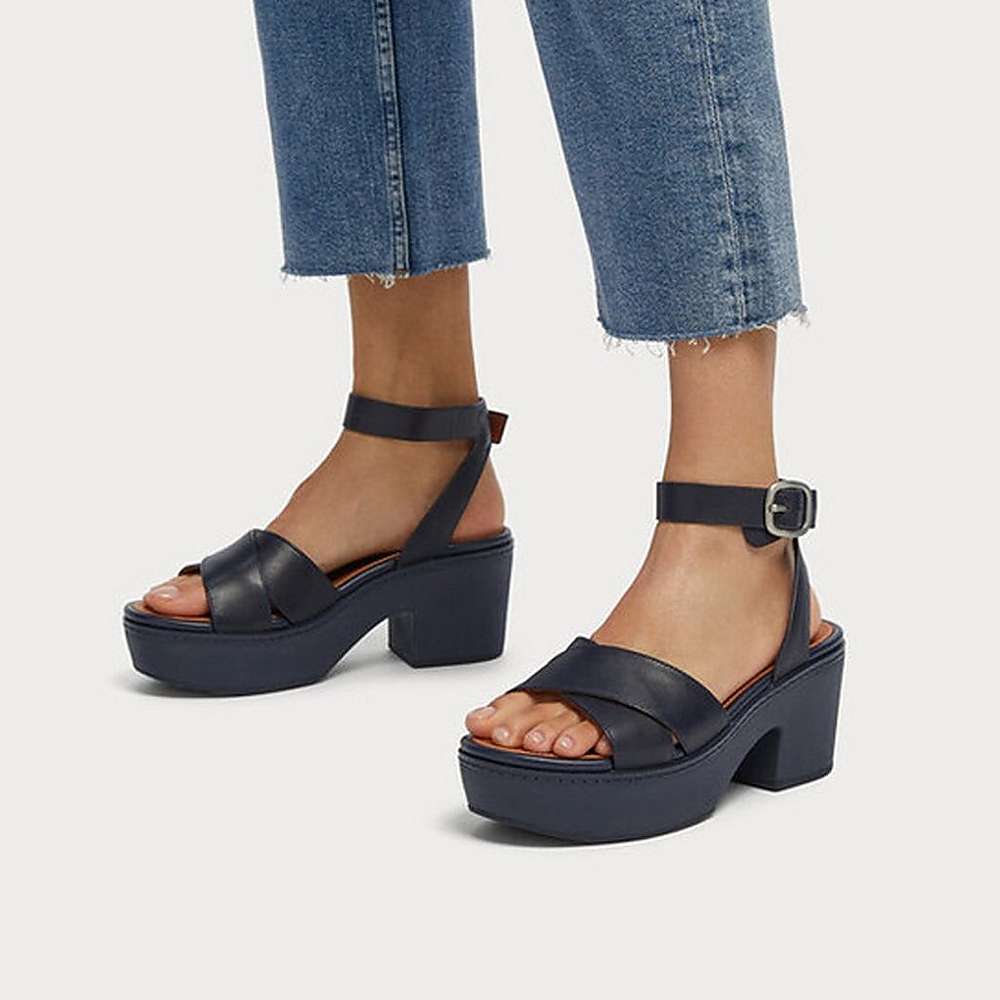 Women's Fitflop PILAR Leather Ankle-Strap Platform Sandals Navy | Ireland-34029