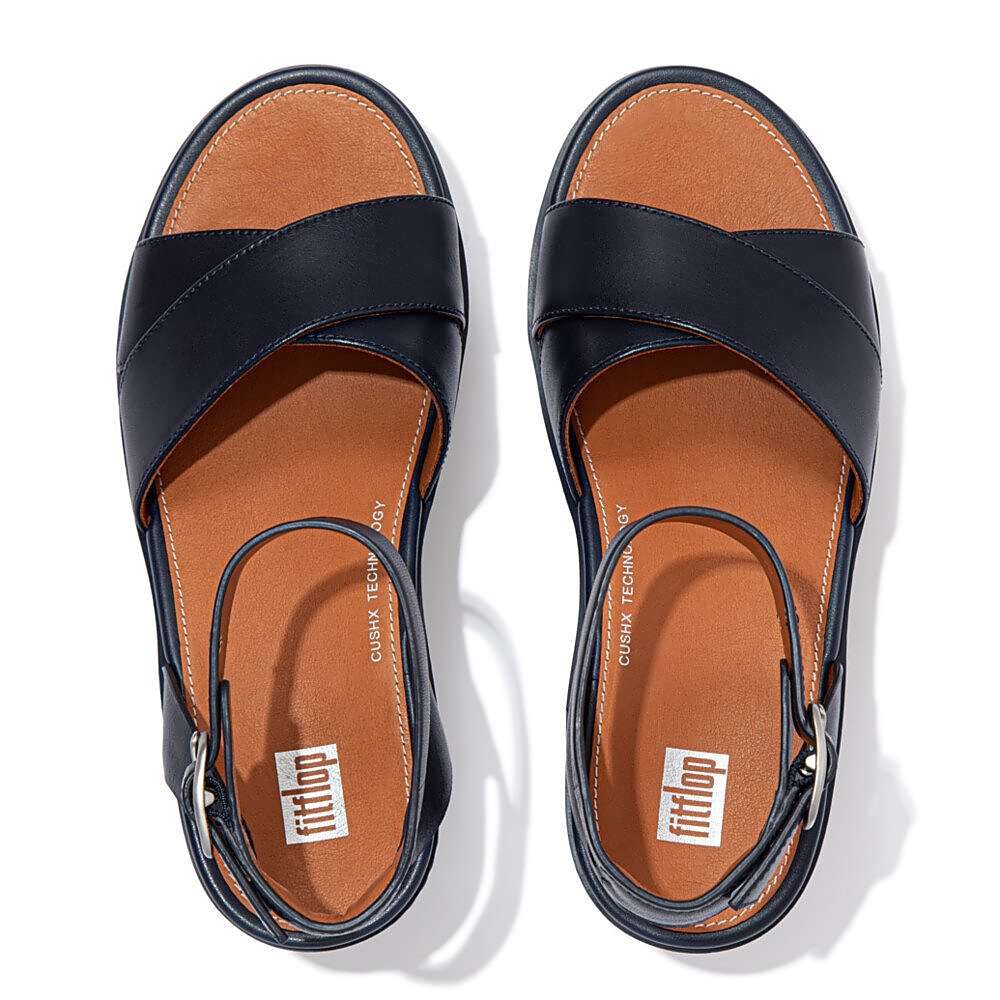 Women's Fitflop PILAR Leather Ankle-Strap Platform Sandals Navy | Ireland-34029