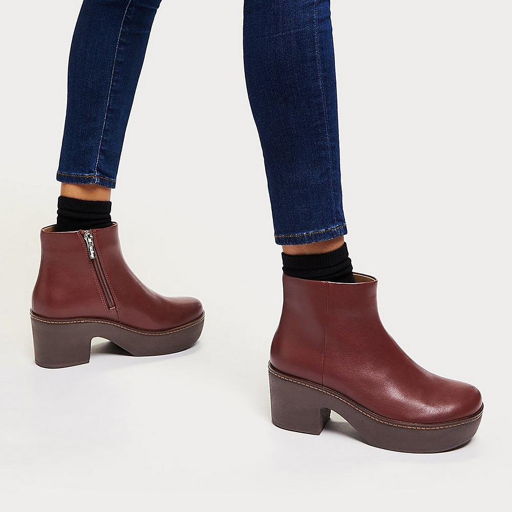 Women's Fitflop PILAR Leather Platform Ankle Boots Burgundy | Ireland-92031