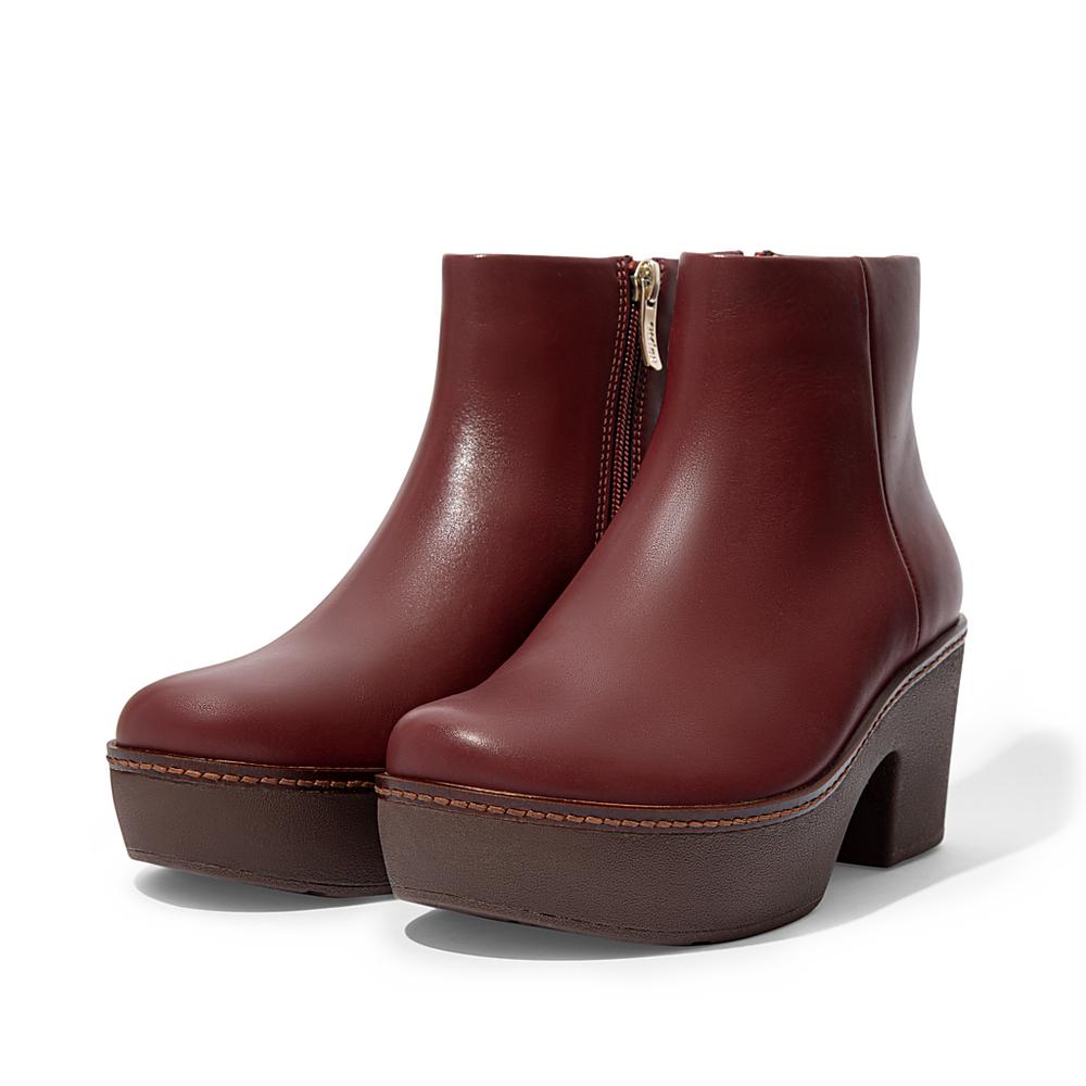 Women's Fitflop PILAR Leather Platform Ankle Boots Burgundy | Ireland-92031