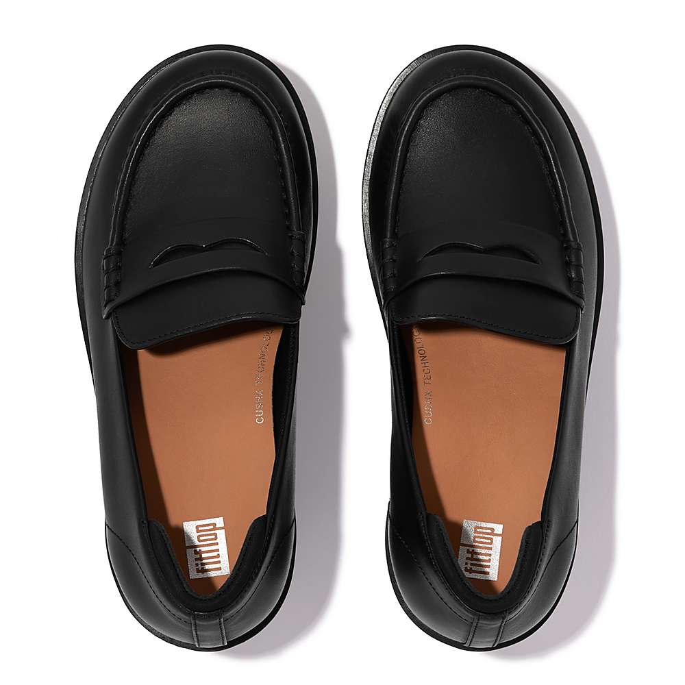 Women's Fitflop PILAR Leather Platform Loafers Black | Ireland-82576