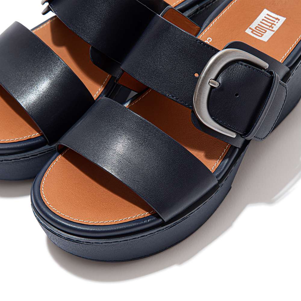 Women's Fitflop PILAR Leather Platform Slides Sandals Navy | Ireland-07612