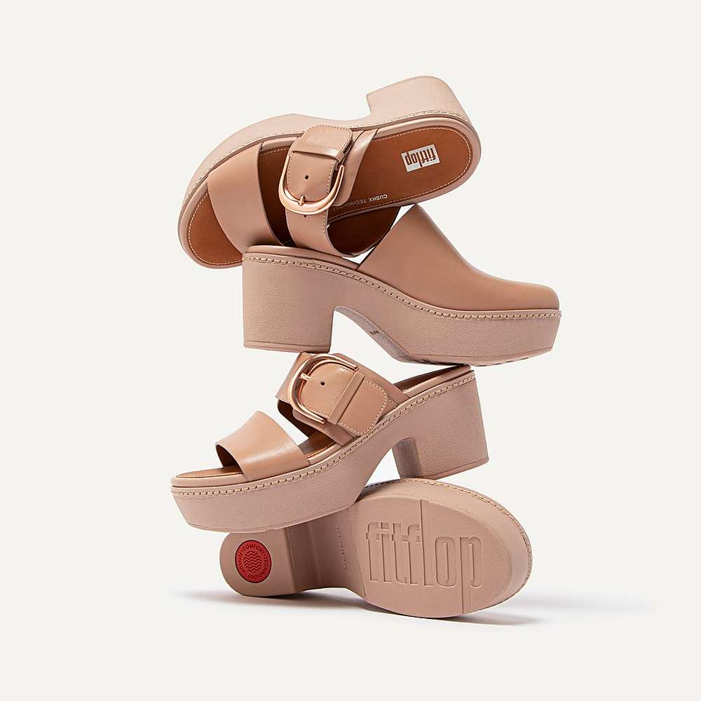 Women's Fitflop PILAR Leather Slide Platform Sandals Beige | Ireland-29306