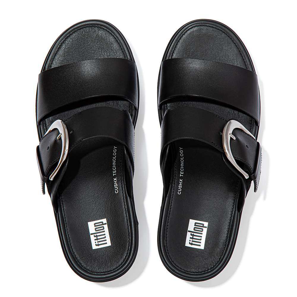 Women's Fitflop PILAR Leather Slide Platform Sandals Black | Ireland-64953