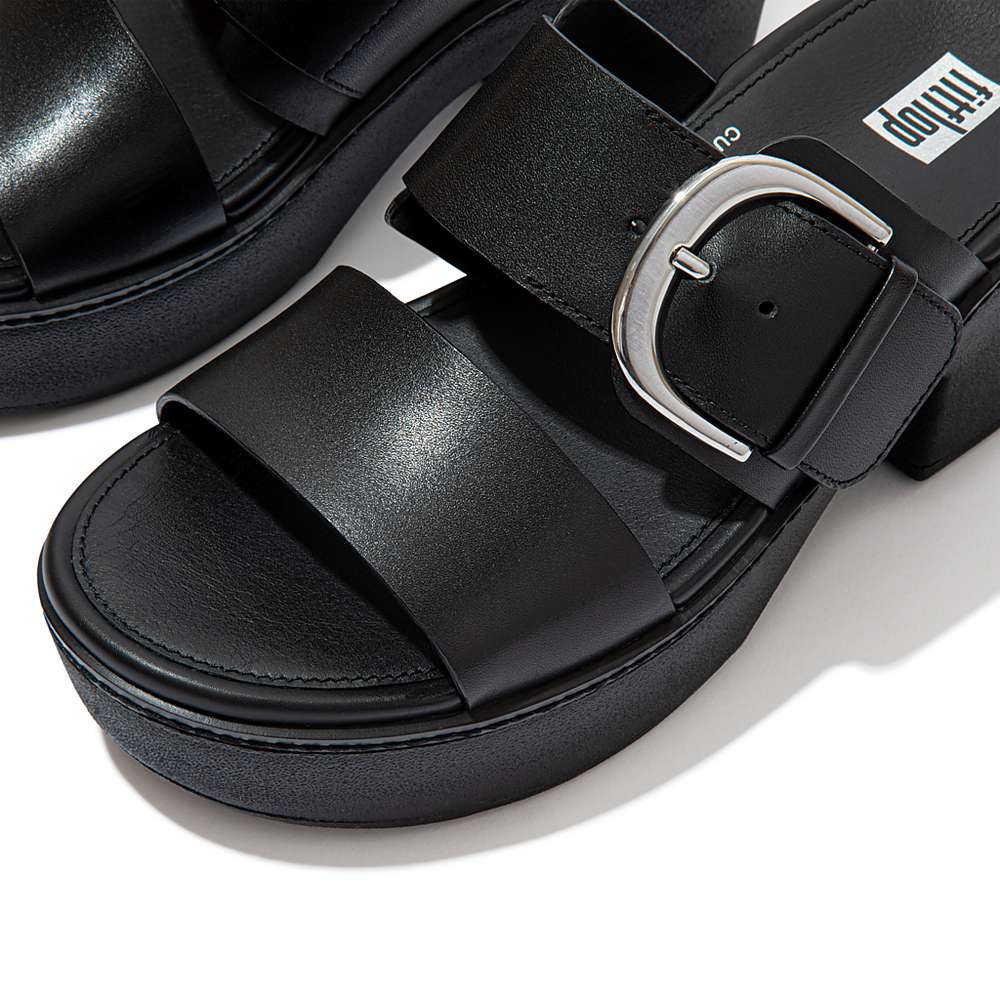 Women's Fitflop PILAR Leather Slide Platform Sandals Black | Ireland-64953