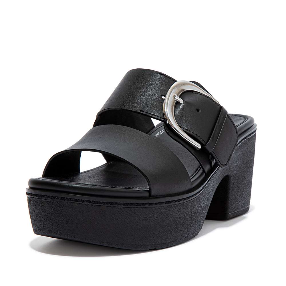 Women's Fitflop PILAR Leather Slide Platform Sandals Black | Ireland-64953