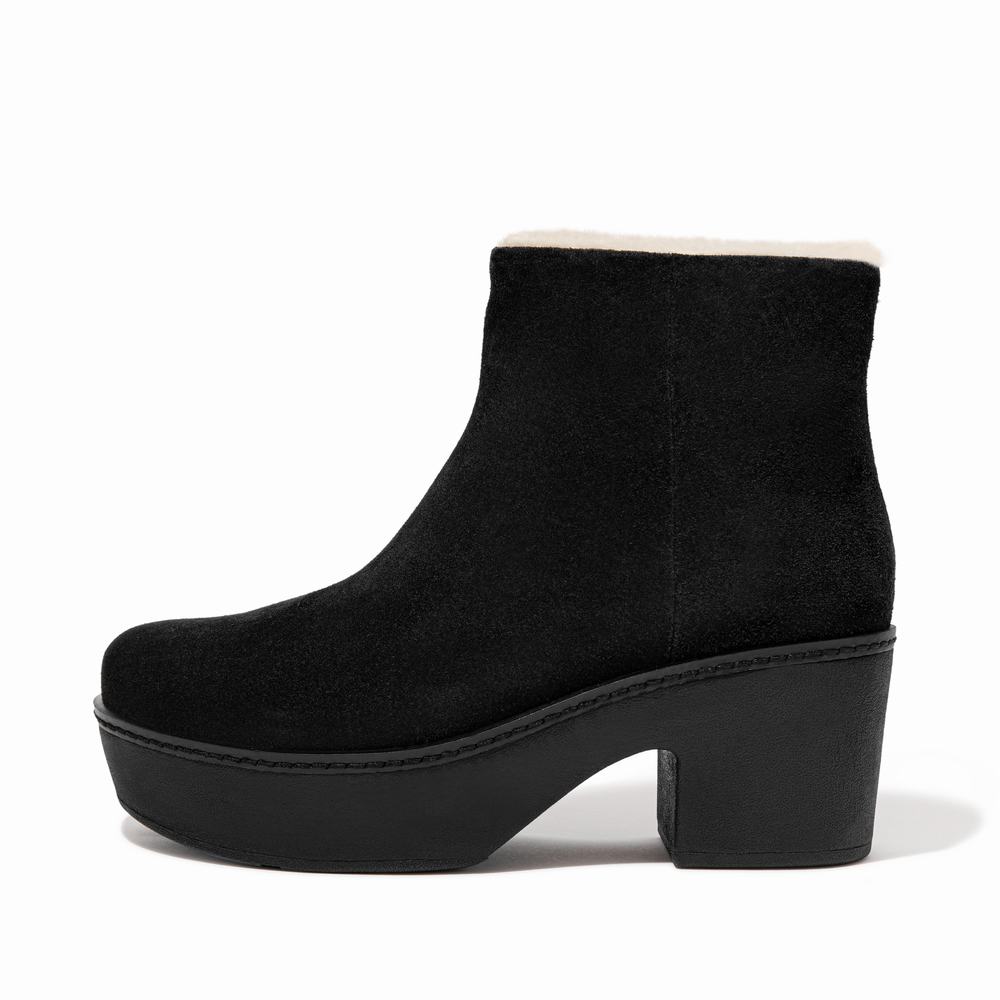 Women\'s Fitflop PILAR Shearling-Lined Suede Ankle Boots Black | Ireland-07541