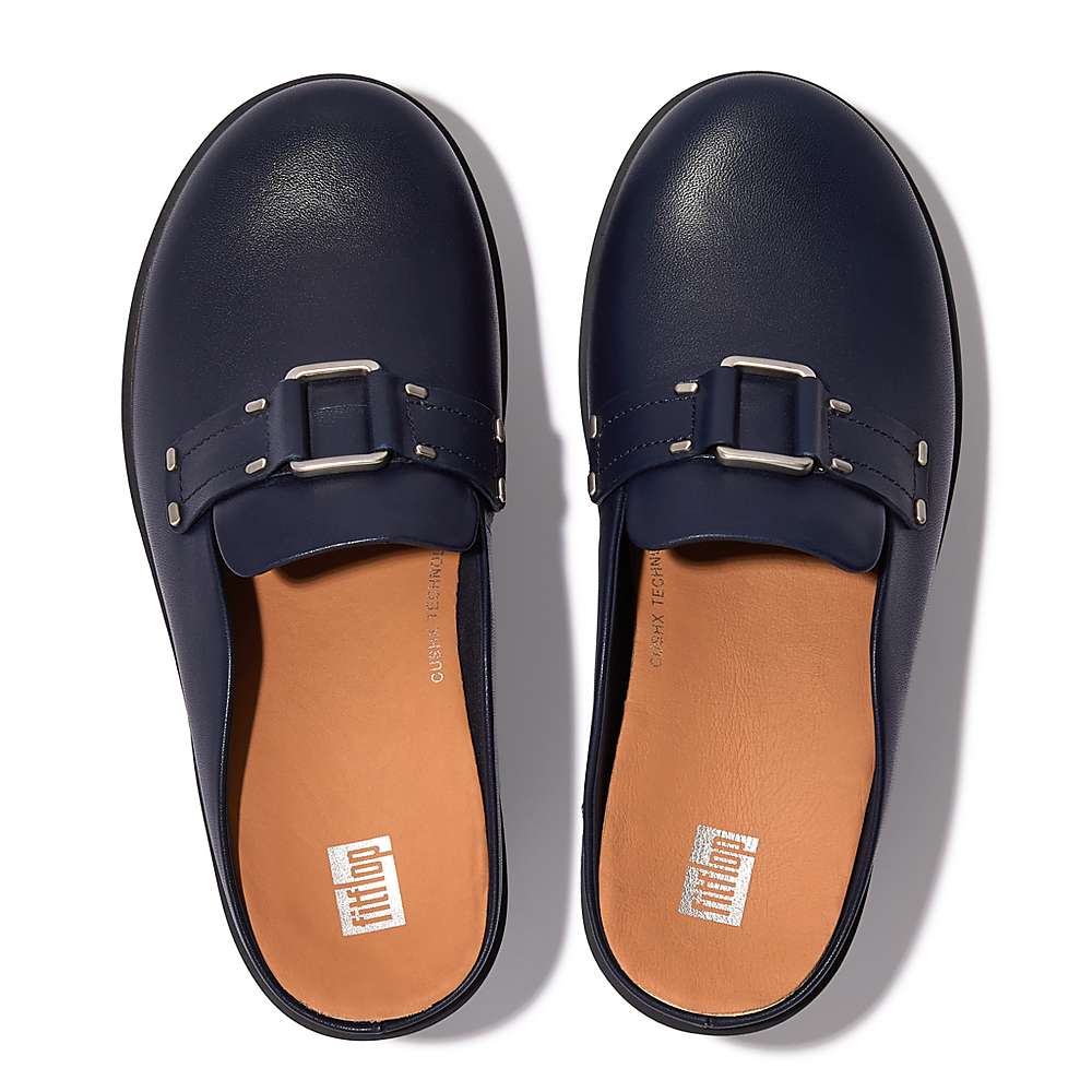 Women's Fitflop PILAR Stud-Buckle Leather Platform Mules Navy | Ireland-48603