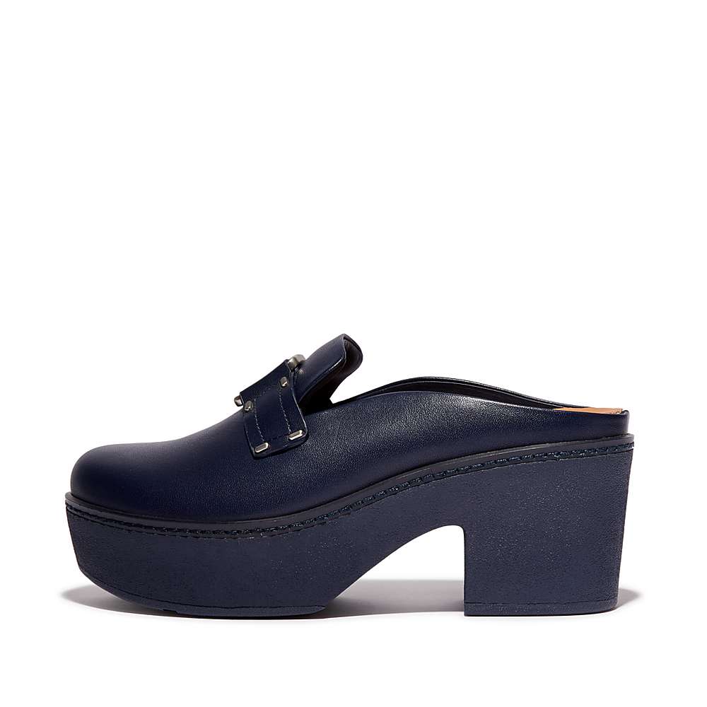 Women\'s Fitflop PILAR Stud-Buckle Leather Platform Mules Navy | Ireland-48603