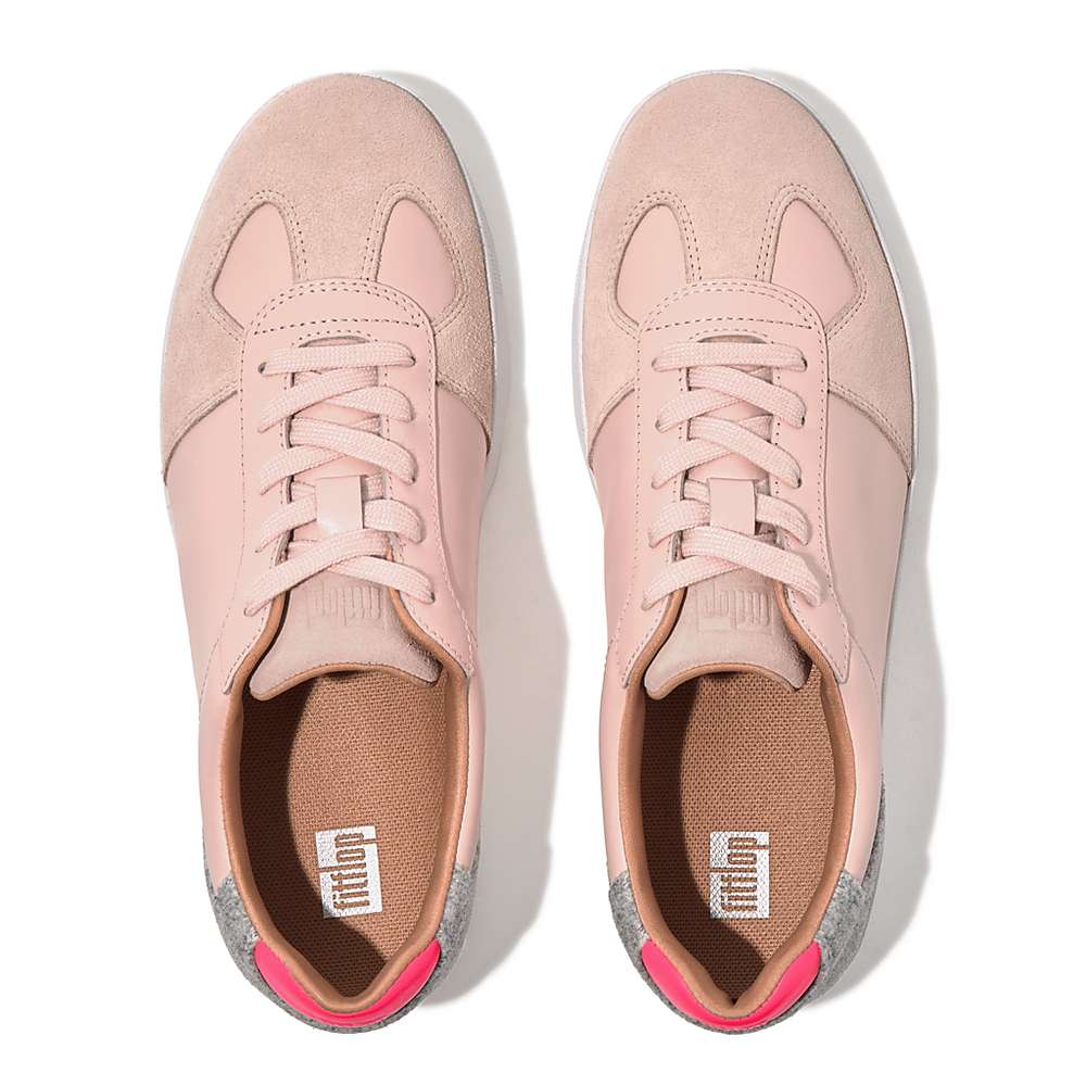 Women's Fitflop RALLY Leather/Felt Panel Trainers Pink/Grey | Ireland-89253