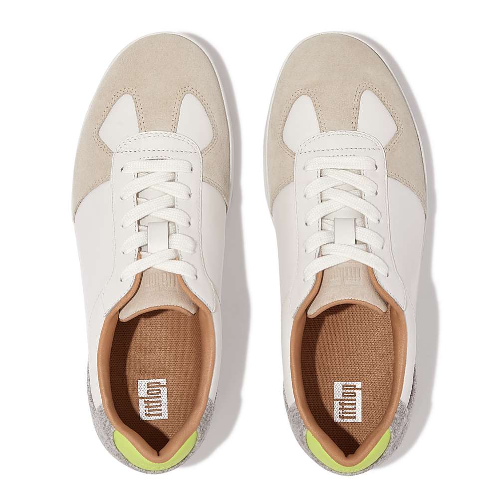 Women's Fitflop RALLY Leather/Felt Panel Trainers White/Grey | Ireland-96852