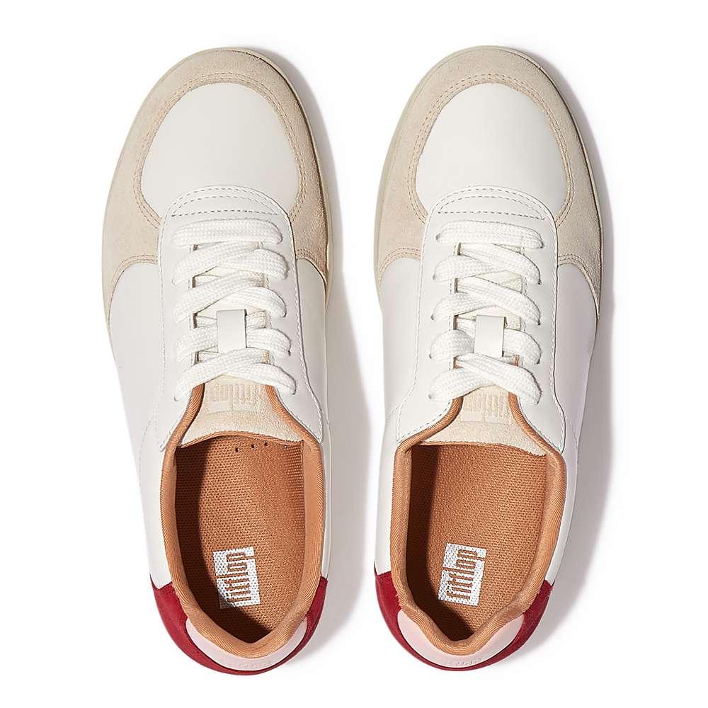 Women's Fitflop RALLY Leather/Suede Panel Trainers White/Red | Ireland-91483