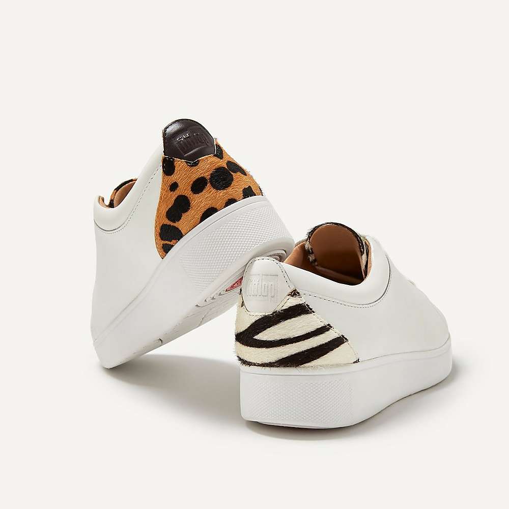 Women's Fitflop RALLY Leopard-Back Leather Trainers White/Leopard | Ireland-61204