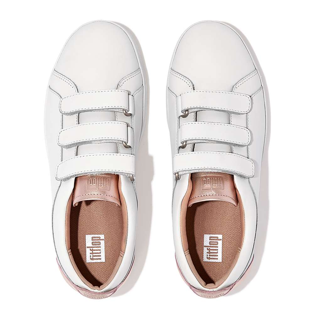 Women's Fitflop RALLY Metallic-Back Leather Strap Trainers White/Rose Gold | Ireland-62174