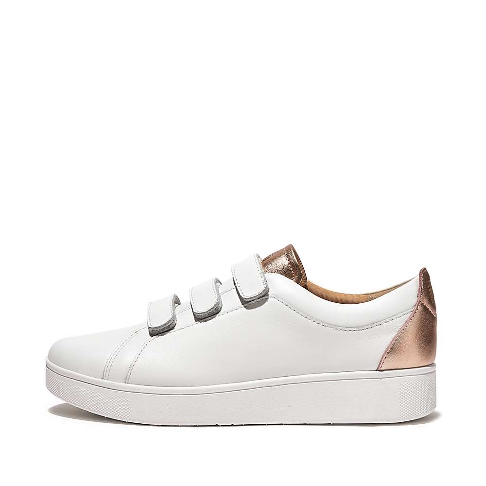 Women\'s Fitflop RALLY Metallic-Back Leather Strap Trainers White/Rose Gold | Ireland-62174