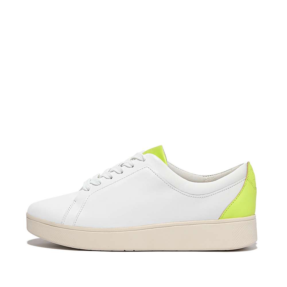 Women\'s Fitflop RALLY Neon-Pop Leather Trainers White/Yellow | Ireland-35812