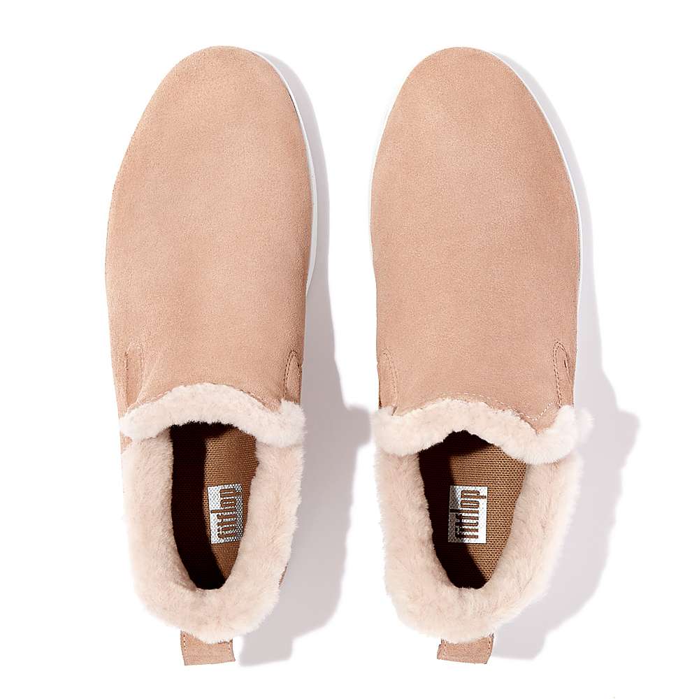 Women's Fitflop RALLY Shearling-Lined Suede Slip-On Trainers Beige | Ireland-05682