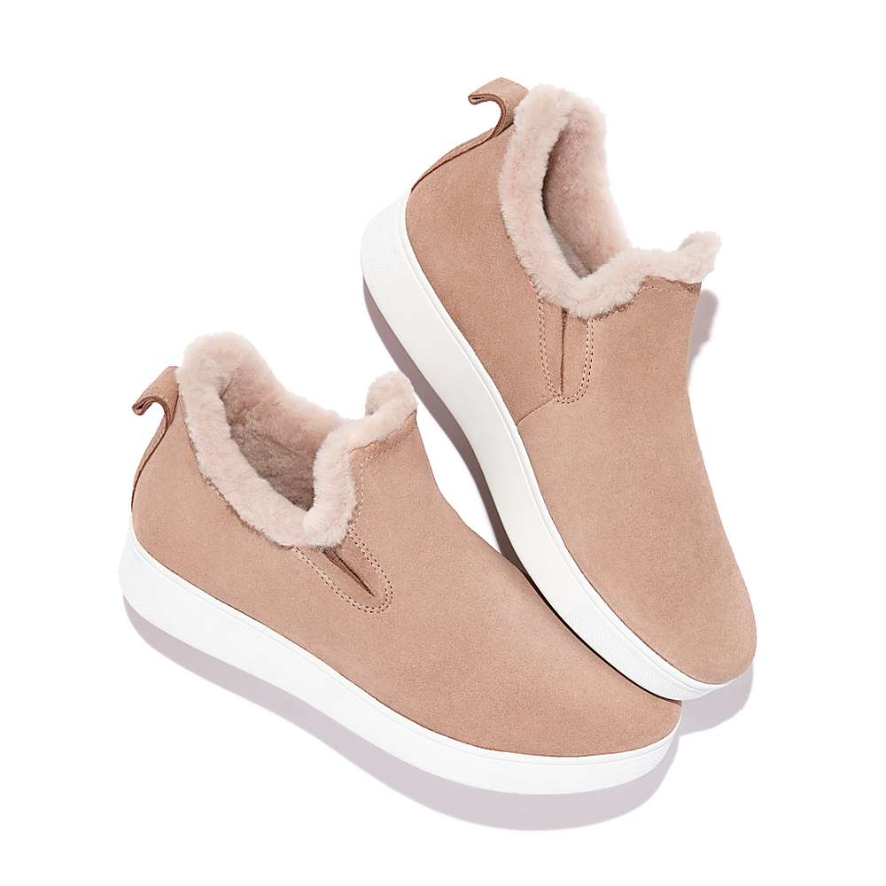 Women's Fitflop RALLY Shearling-Lined Suede Slip-On Trainers Beige | Ireland-05682