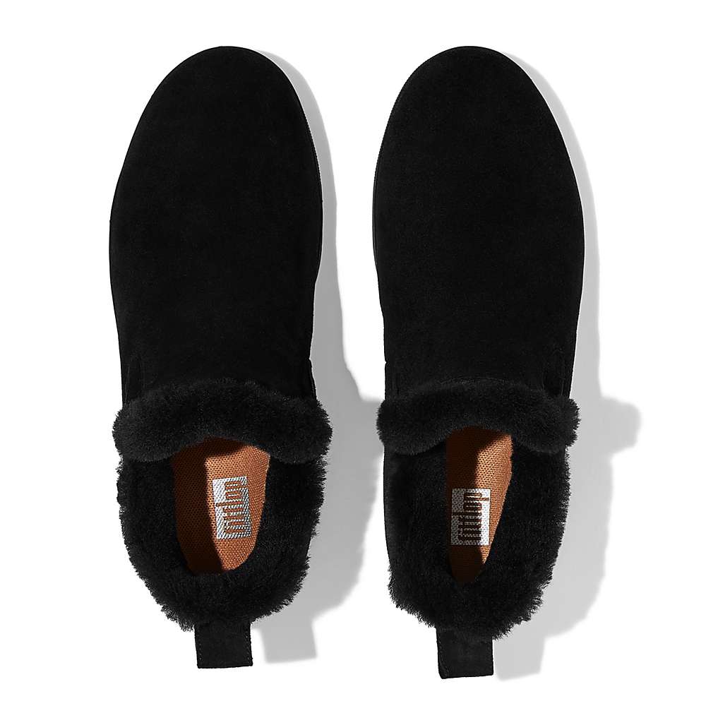 Women's Fitflop RALLY Shearling-Lined Suede Slip-On Trainers Black | Ireland-82153