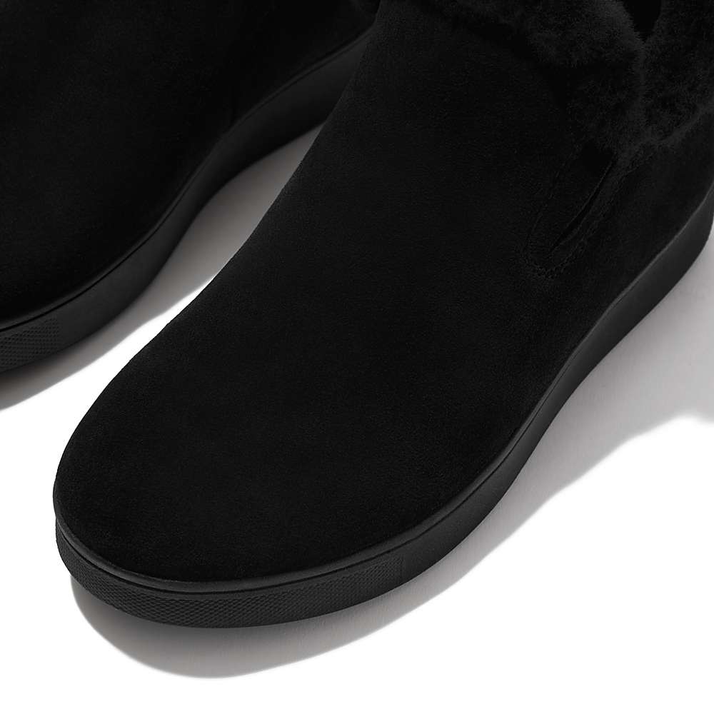 Women's Fitflop RALLY Shearling-Lined Suede Slip-On Trainers Black | Ireland-82153