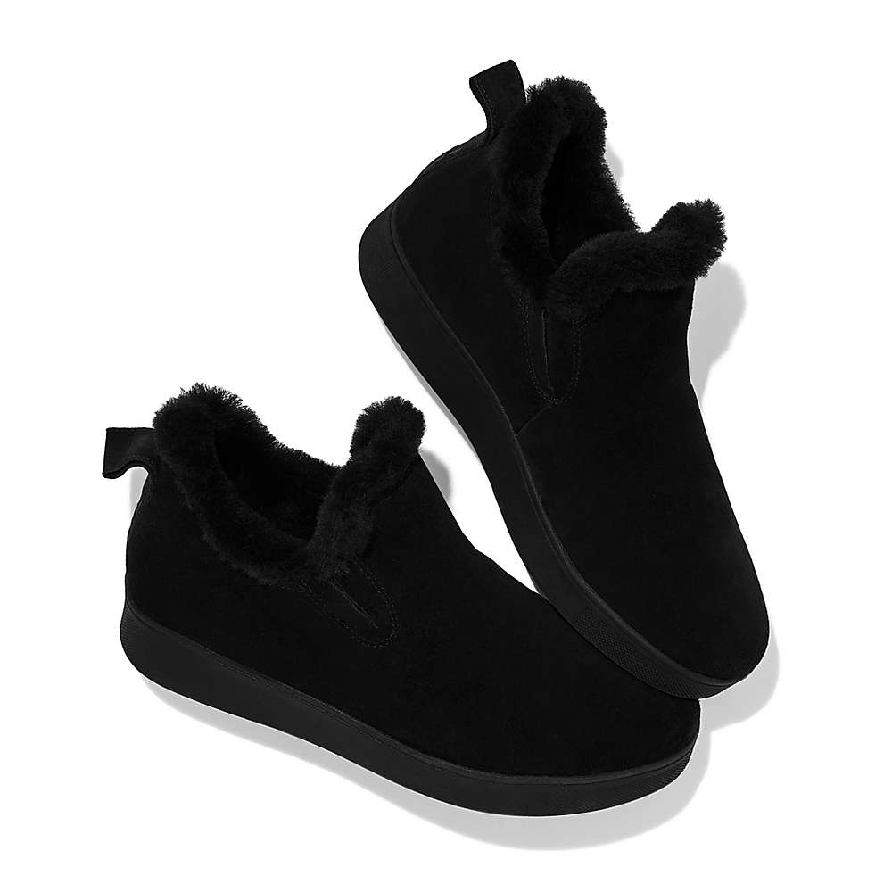 Women's Fitflop RALLY Shearling-Lined Suede Slip-On Trainers Black | Ireland-82153