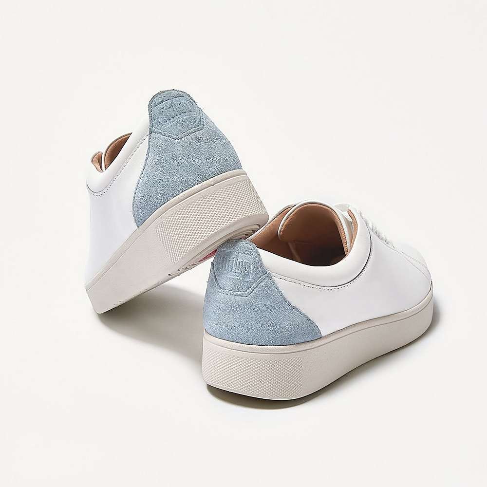 Women's Fitflop RALLY Suede-Back Leather Trainers White/Blue | Ireland-41795