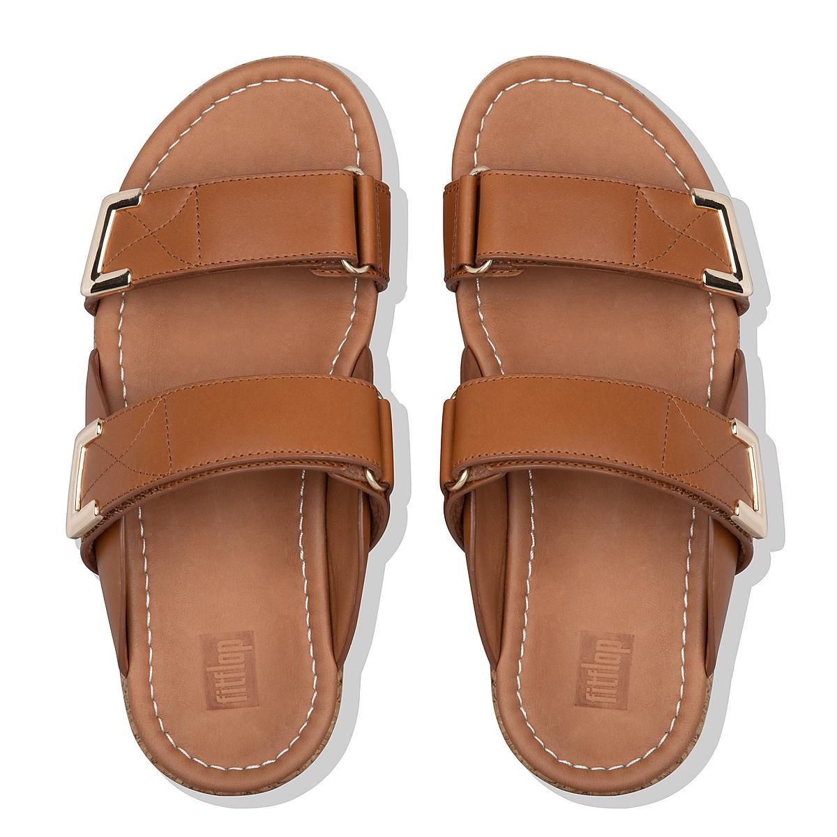 Women's Fitflop REMI Adjustable Leather Slides Sandals Light Brown | Ireland-03815