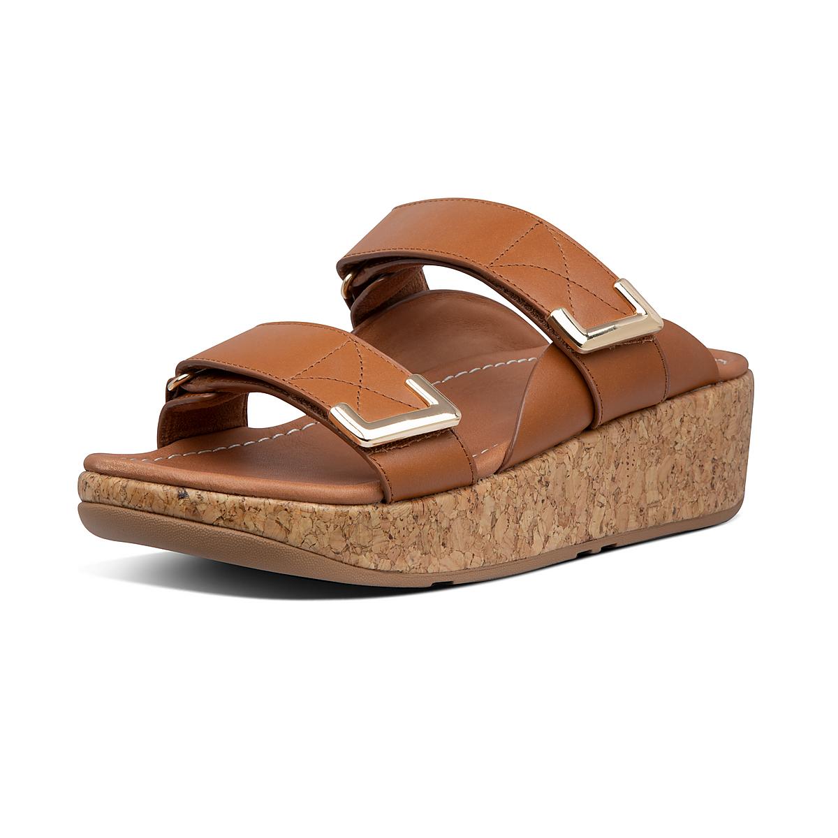 Women's Fitflop REMI Adjustable Leather Slides Sandals Light Brown | Ireland-03815