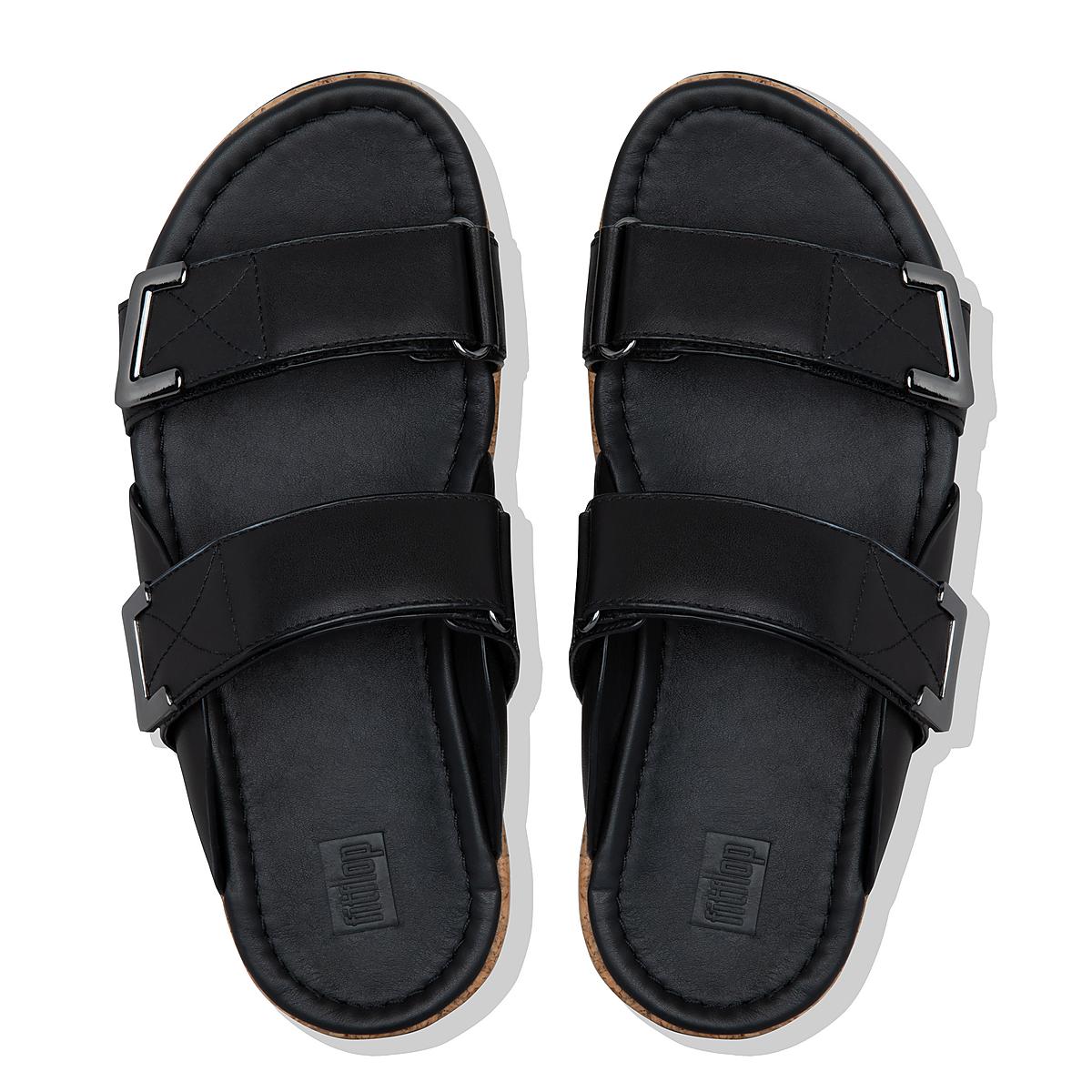 Women's Fitflop REMI Adjustable Leather Slides Sandals Black | Ireland-28437