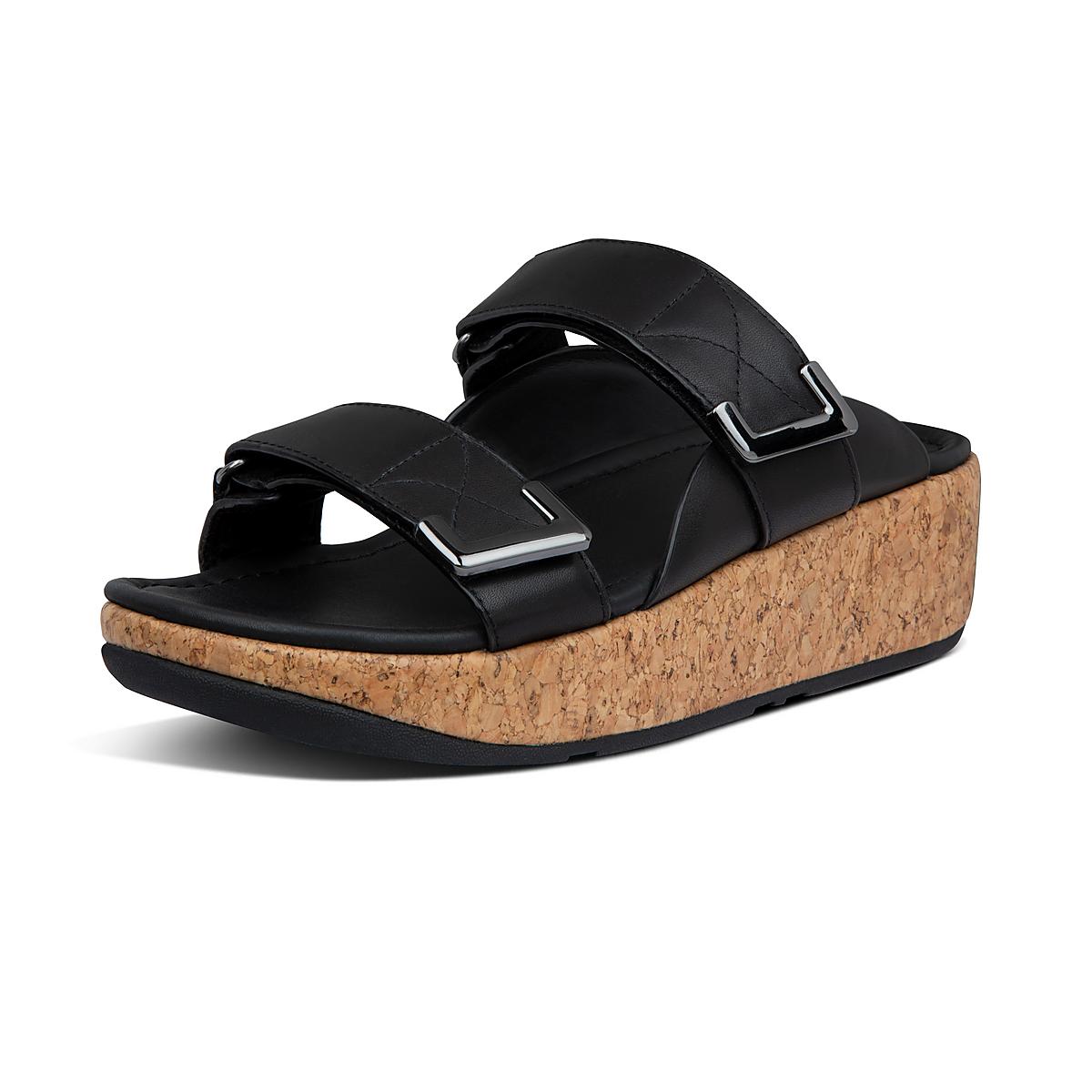 Women's Fitflop REMI Adjustable Leather Slides Sandals Black | Ireland-28437