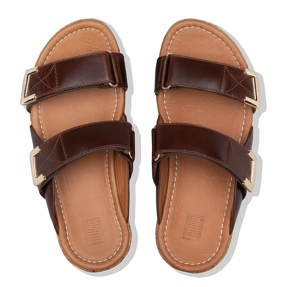 Women's Fitflop REMI Adjustable Leather Slides Sandals Chocolate Brown | Ireland-52839