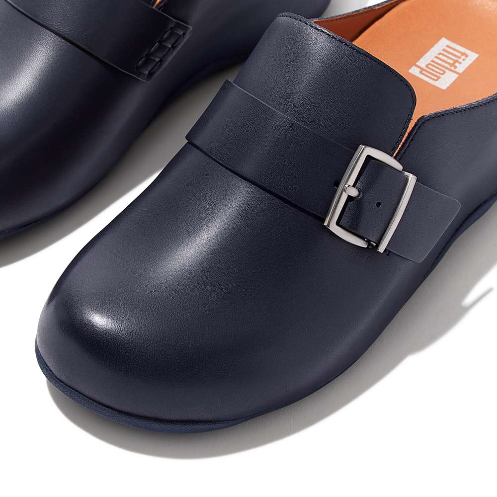 Women's Fitflop SHUV Buckle Strap Leather Clogs Navy | Ireland-18479