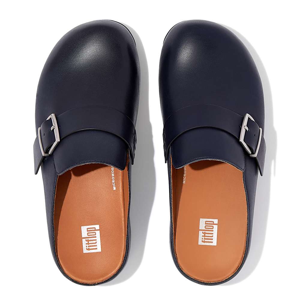 Women's Fitflop SHUV Buckle Strap Leather Clogs Navy | Ireland-18479