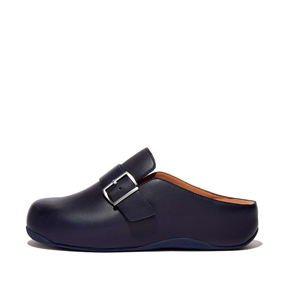 Women\'s Fitflop SHUV Buckle Strap Leather Clogs Navy | Ireland-18479