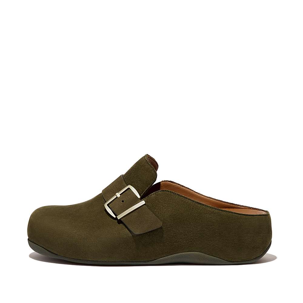 Women\'s Fitflop SHUV Buckle Strap Nubuck Clogs Olive | Ireland-48235