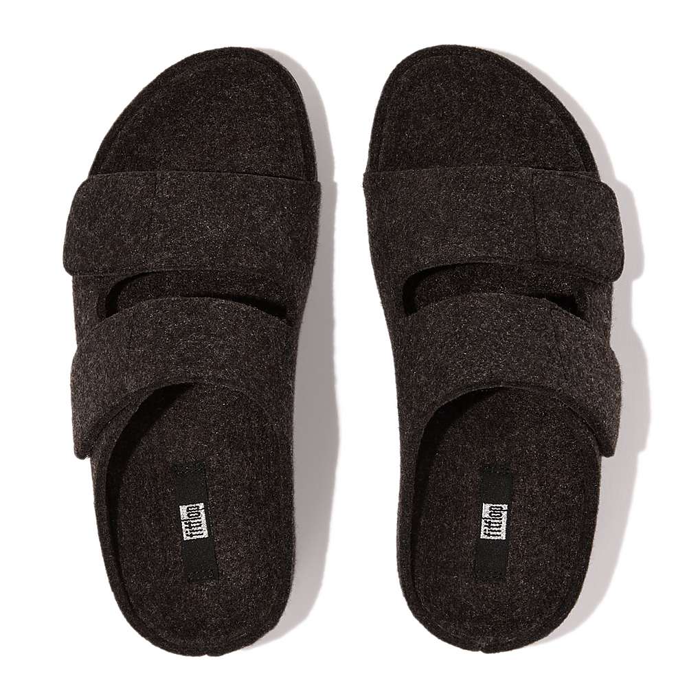 Women's Fitflop SHUV E01 Adjustable Two-Bar Felt Slides Sandals Black | Ireland-12806