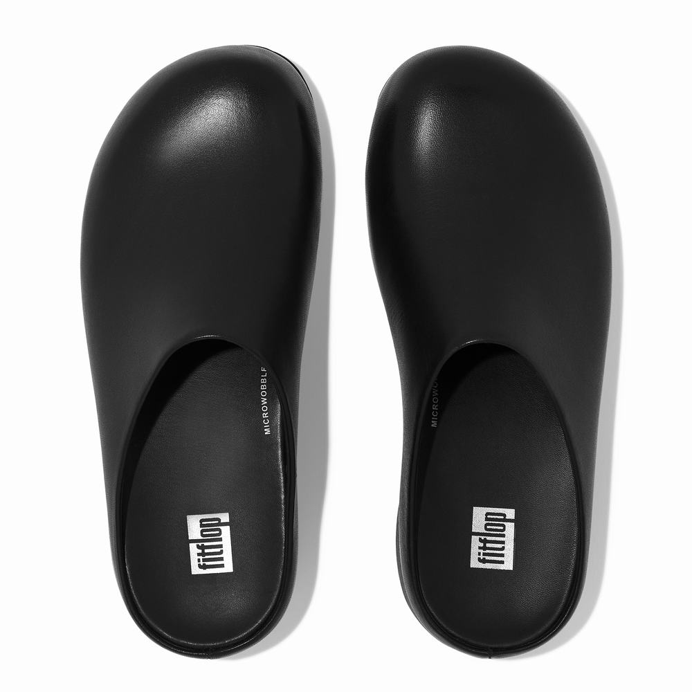 Women's Fitflop SHUV Leather Clogs Black | Ireland-46150